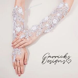 White Tulle and Lace Fingerless Bridal Wedding Gloves With Rhinestone Accents